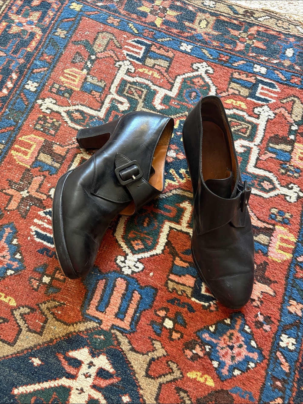 Polo Ralph Lauren Black Leather Ankle Booties Buckle chunky heel platform 9B